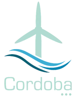 Logo van Cordoba met een lichtgroene windturbine boven blauwe golven.